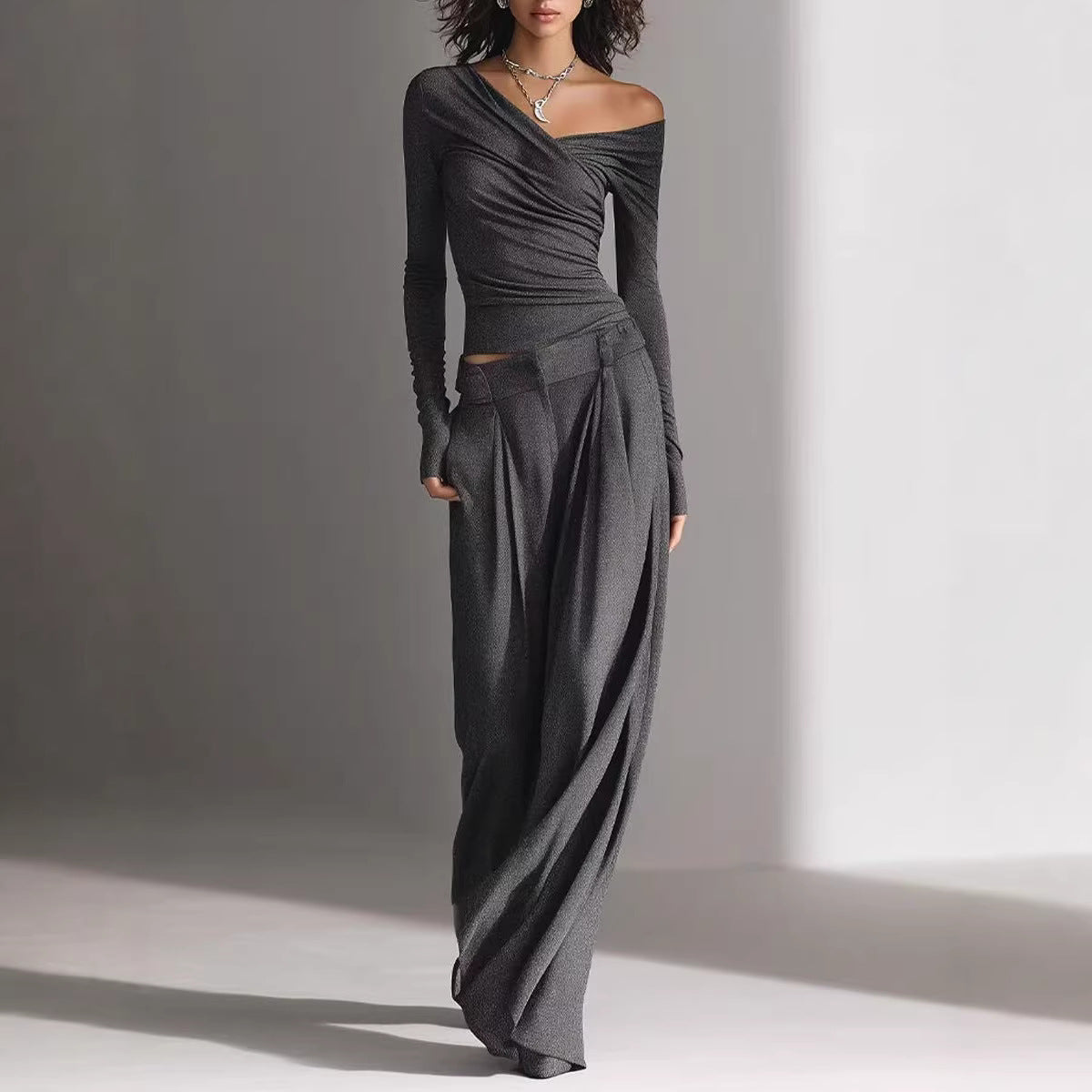 Women's Long-Sleeve Pullover Top & Loose Pants Set – Casual 2-Piece Outfit FitiqueFit