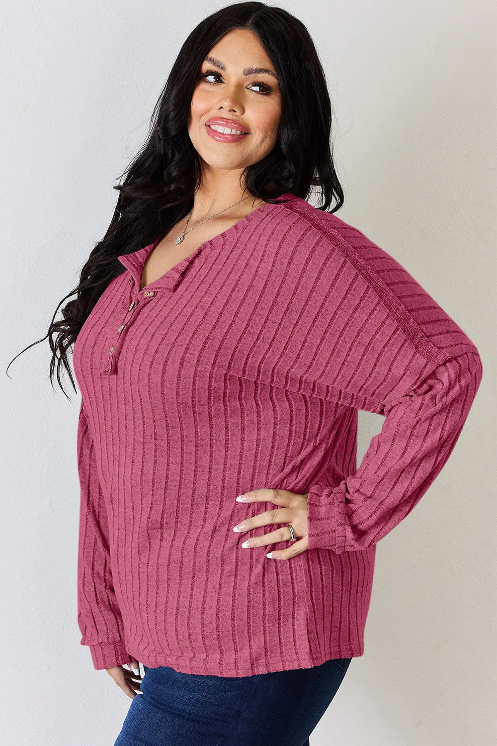 Basic Bae Full Size Ribbed Half Button Long Sleeve T-Shirt New Era Fashion LLc