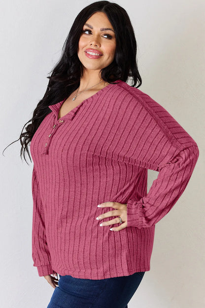 Basic Bae Full Size Ribbed Half Button Long Sleeve T-Shirt New Era Fashion LLc