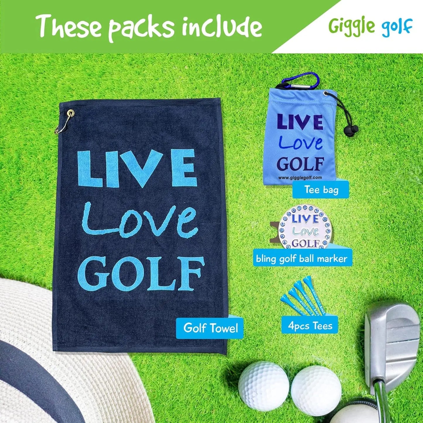 Par 3 - Golf Towel, Tee Bag with 4 Tees, and Bling Ball Marker with Hat Clip - Perfect Golf Gift for Women (Live Love Golf)