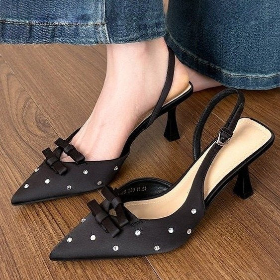 Women's Closed Toe Slingback Stiletto Heels – Bowknot & Rhinestone Sandals FitiqueFit