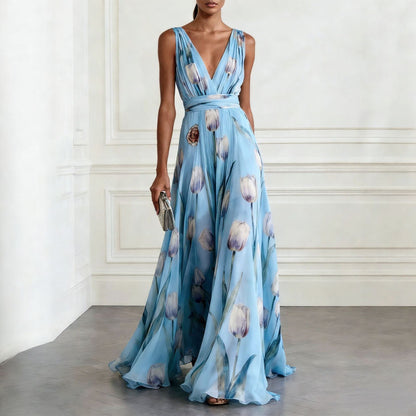Women's Tulip Print Sleeveless Deep V-Neck A-Line Maxi Dress – 7 Colors FitiqueFit