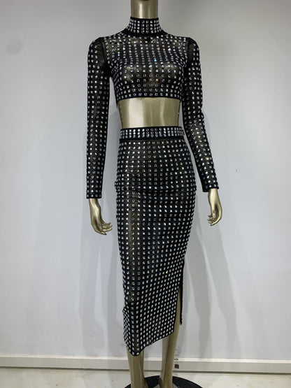 Hot Girl Women's Fashion Rivet Elastic Tight Skirt Suit See size chart under “more details” The Fashion Celestial