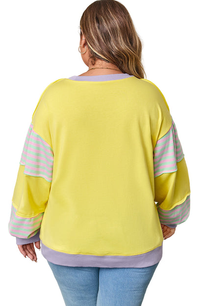 Yellow Striped Color Block Patchwork Crewneck Plus Size Pullover Sweatshirt Garden Naked Curves