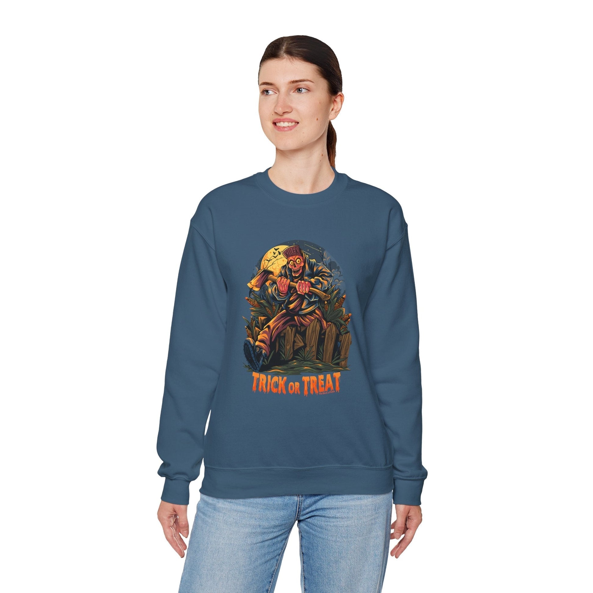 Axe Wielding Zombie Trick or Treat Crewneck Sweatshirt The Devil's Pickle