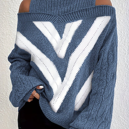 Elegant Plus Size Off Shoulder Striped Cable Knit Sweater