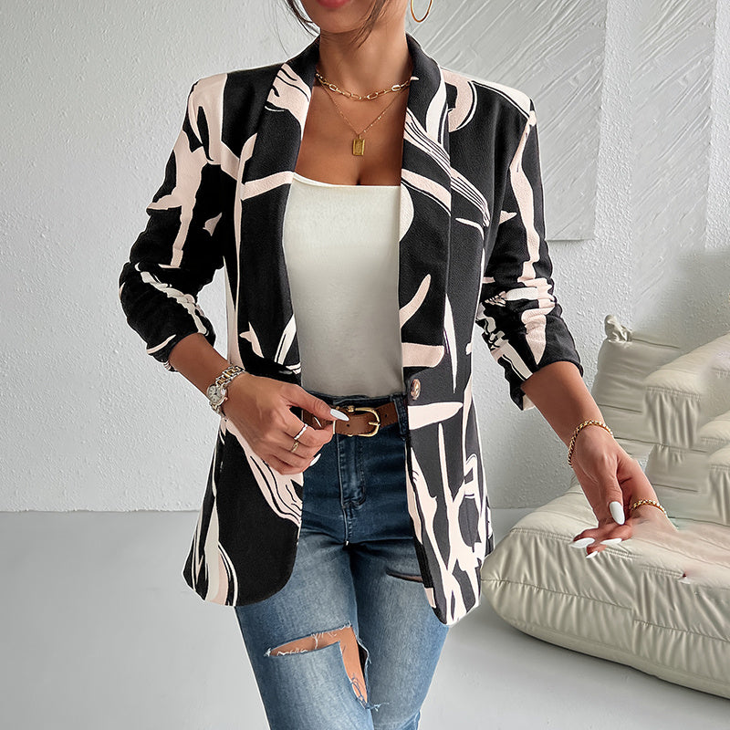 Women's Abstract Print Blazer Button Long Sleeve Work Jacket FitiqueFit
