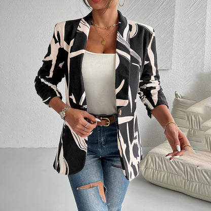 Women's Abstract Print Blazer Button Long Sleeve Work Jacket FitiqueFit