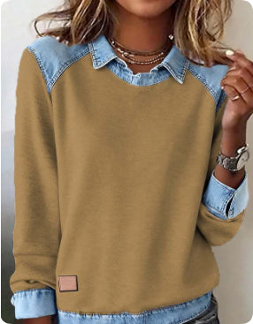 Denim Collar Patchwork Pullover Knitwear Top – Women’s Street Style FitiqueFit