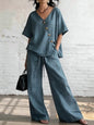 Women's Loose Cotton-Linen V-Neck Top & Wide-Leg Pants Set FitiqueFit