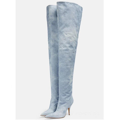 Women's Ultra-High Heel Denim Pointed Toe Catwalk Knee Boots Country in My Heart