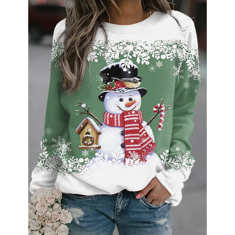 Snowman Printed Panel Loose Sweater – Casual Holiday Knit for Women FitiqueFit