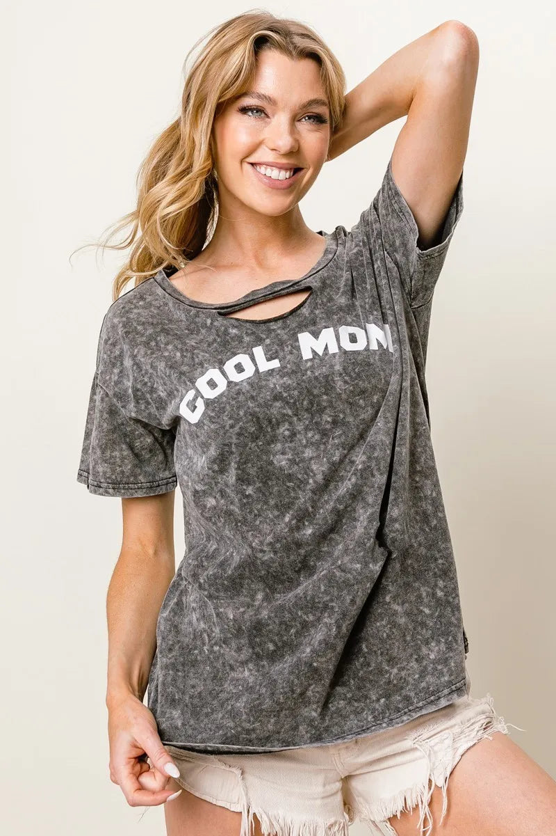 BiBi Washed Laser Cut Detail Cool Mom Print Top New Era Fashion LLc