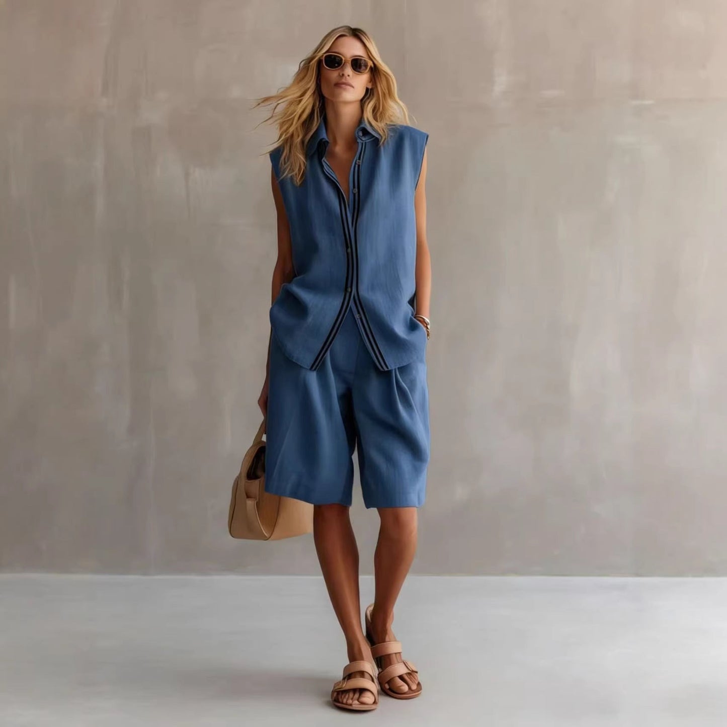 Women's Linen Shirt and Shorts Set – Sleeveless Summer Two-Piece FitiqueFit