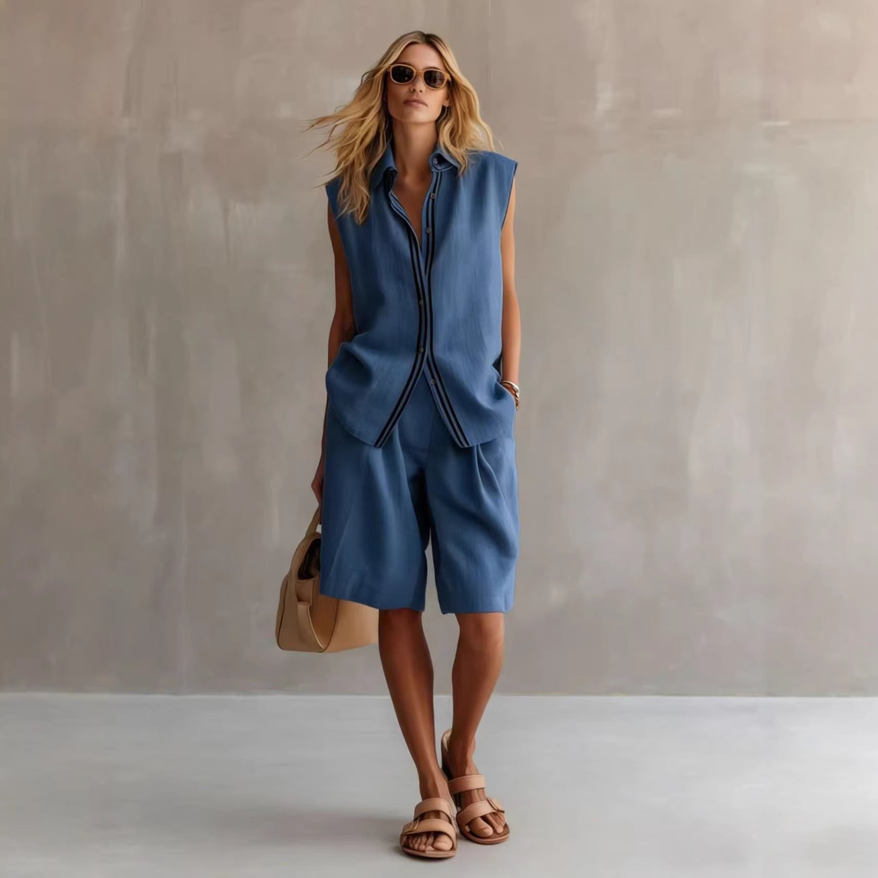Women's Linen Shirt and Shorts Set – Sleeveless Summer Two-Piece FitiqueFit