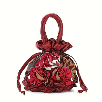 Floral Decor Drawstring Handbag, Trendy Small Evening Bag, Simple Phone Bag, Cute Bucket Bag NovaCart