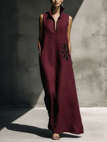 Women's Cotton Linen Mandarin Collar Maxi Dress – Graphic Print with Pockets FitiqueFit