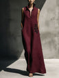 Women's Cotton Linen Mandarin Collar Maxi Dress – Graphic Print with Pockets FitiqueFit