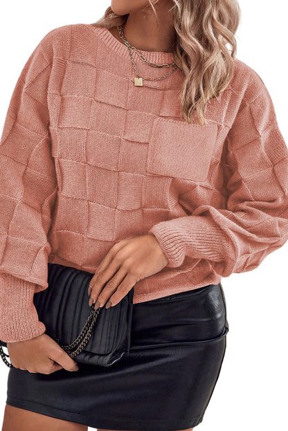 Rose Tan Solid Checkered Textured Knit Plus Size Sweater Garden Naked Curves
