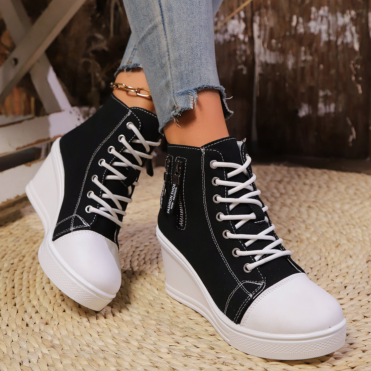 Women's Canvas Wedge Platform Lace-Up Sneakers FitiqueFit
