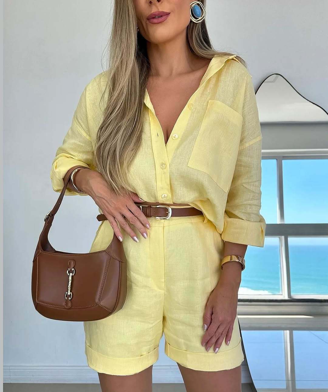 Women's Casual Long-Sleeve Shirt & Shorts Set – Cotton 2-Piece FitiqueFit