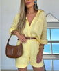 Women's Casual Long-Sleeve Shirt & Shorts Set – Cotton 2-Piece FitiqueFit