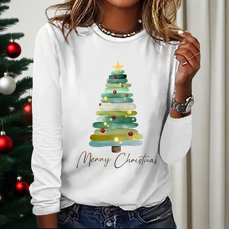 Women’s Long Sleeve Merry Christmas T-Shirt – Cute Christmas Tree Graphic Tee FitiqueFit