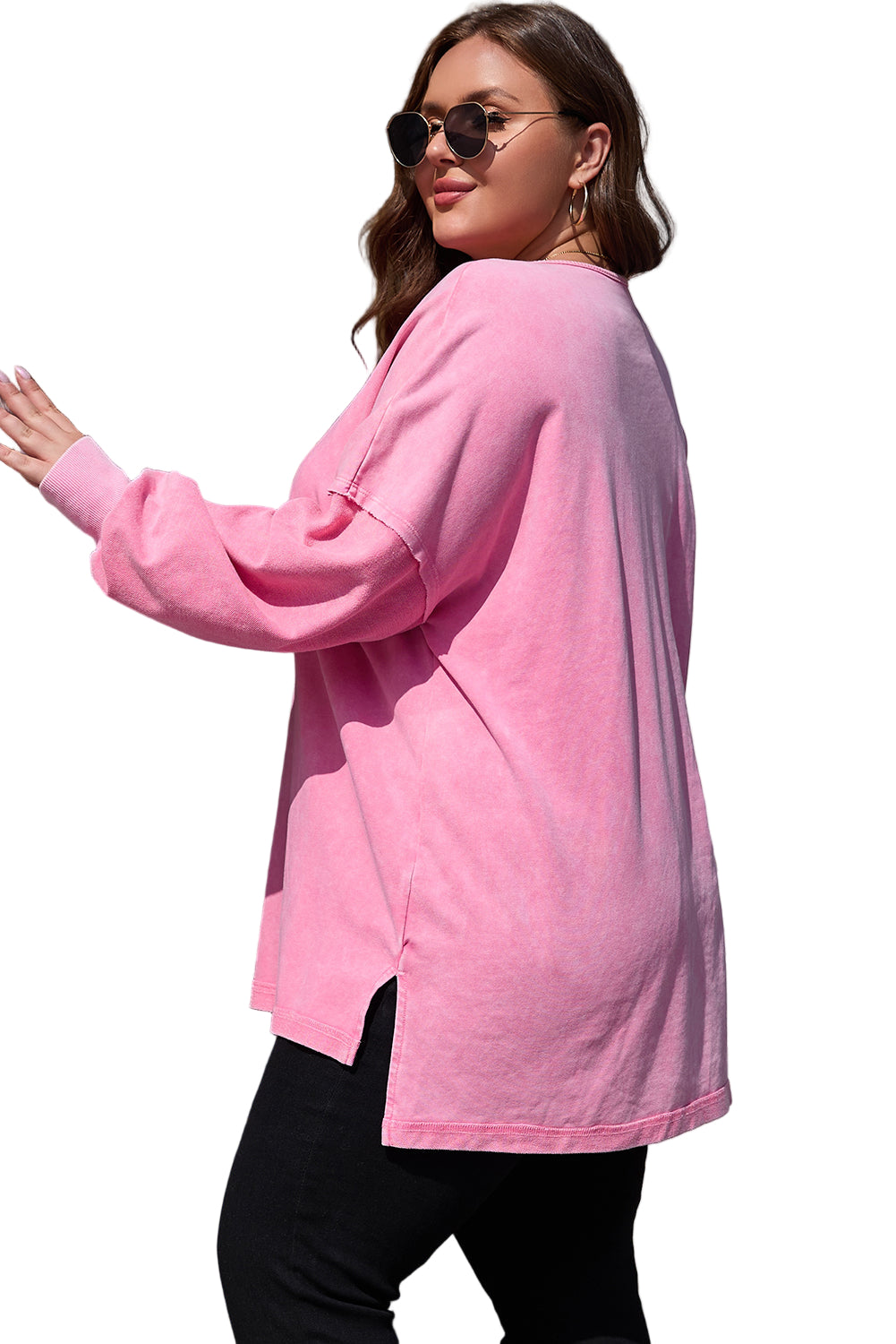 Pink Plus Size Mineral Wash Drop Shoulder Round Neck Sweatshirt Garden Naked Curves