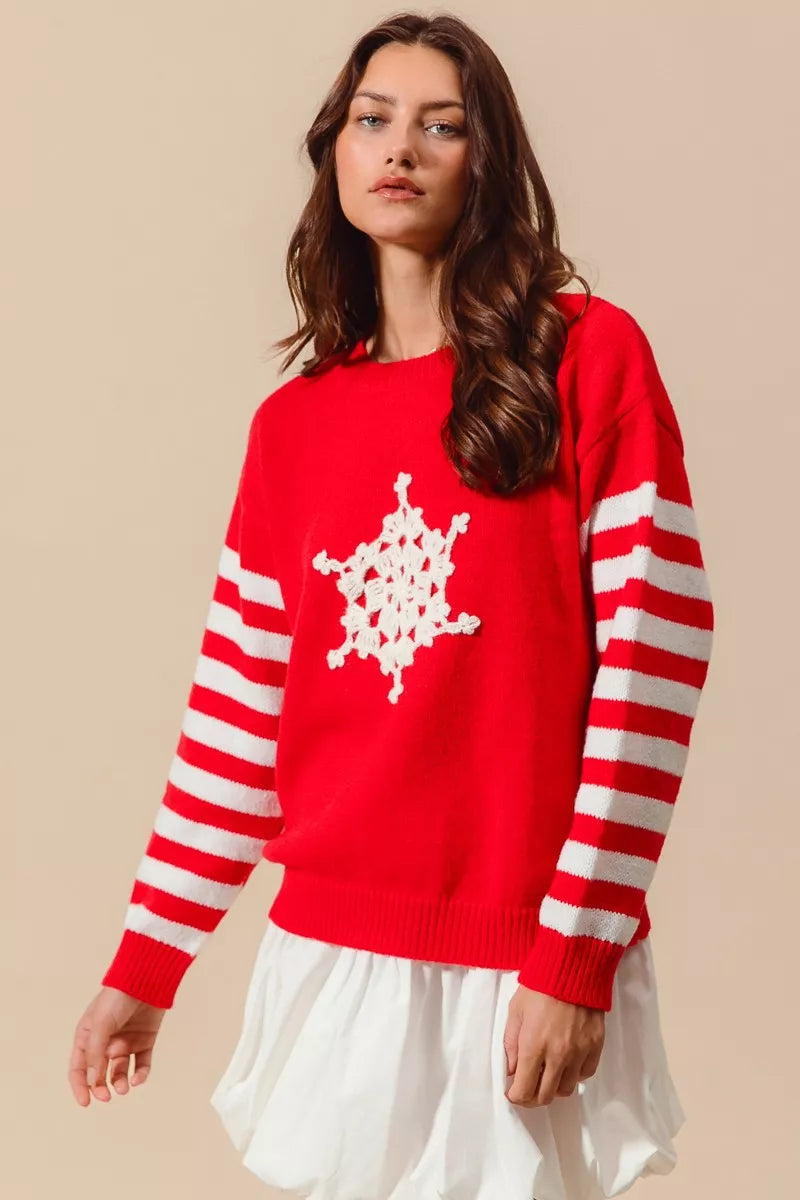 SO ME Christmas Snowflake Crochet Embellished Sweater West2East Surf