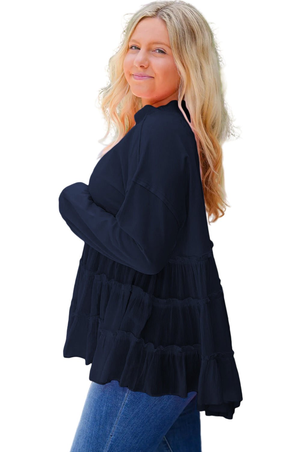 Pink Frill Tiered Patchwork Ribbed Trim Flowy Plus Size Top Garden Naked Curves