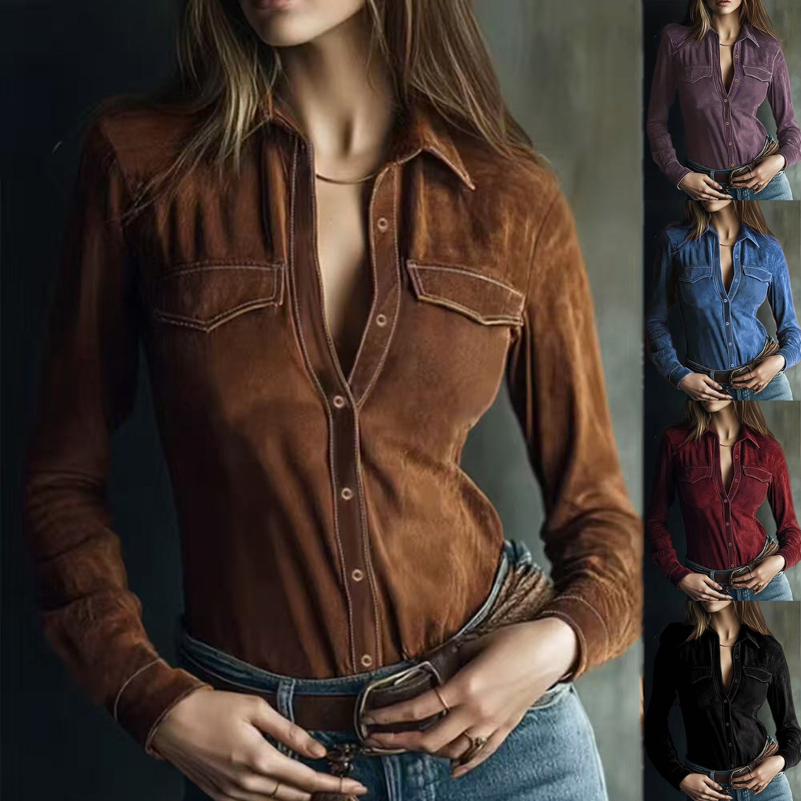 Deerskin Velvet Long Sleeve Patchwork Blouse | Retro Style FitiqueFit