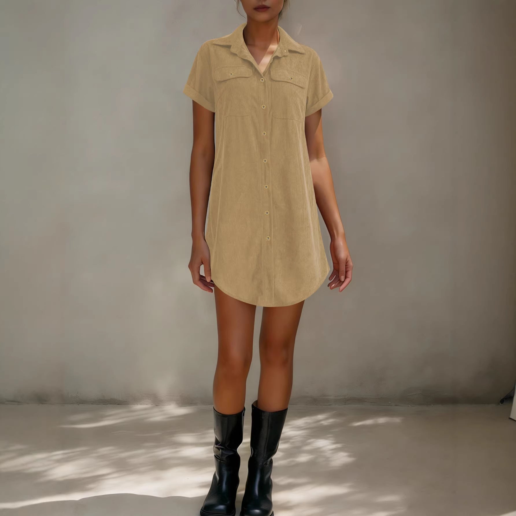 Women’s Retro Casual Corduroy Short Sleeve Shirt Dress FitiqueFit