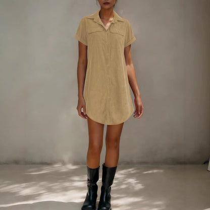 Women’s Retro Casual Corduroy Short Sleeve Shirt Dress FitiqueFit