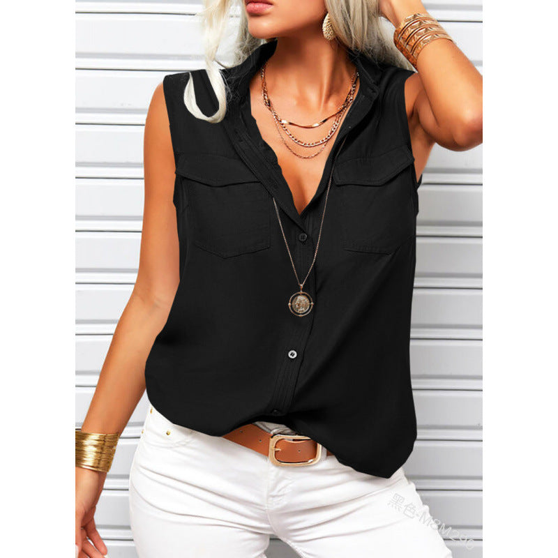 Women's Lapel Collar Sleeveless Top – Loose Fit, Pockets, Solid Color FitiqueFit
