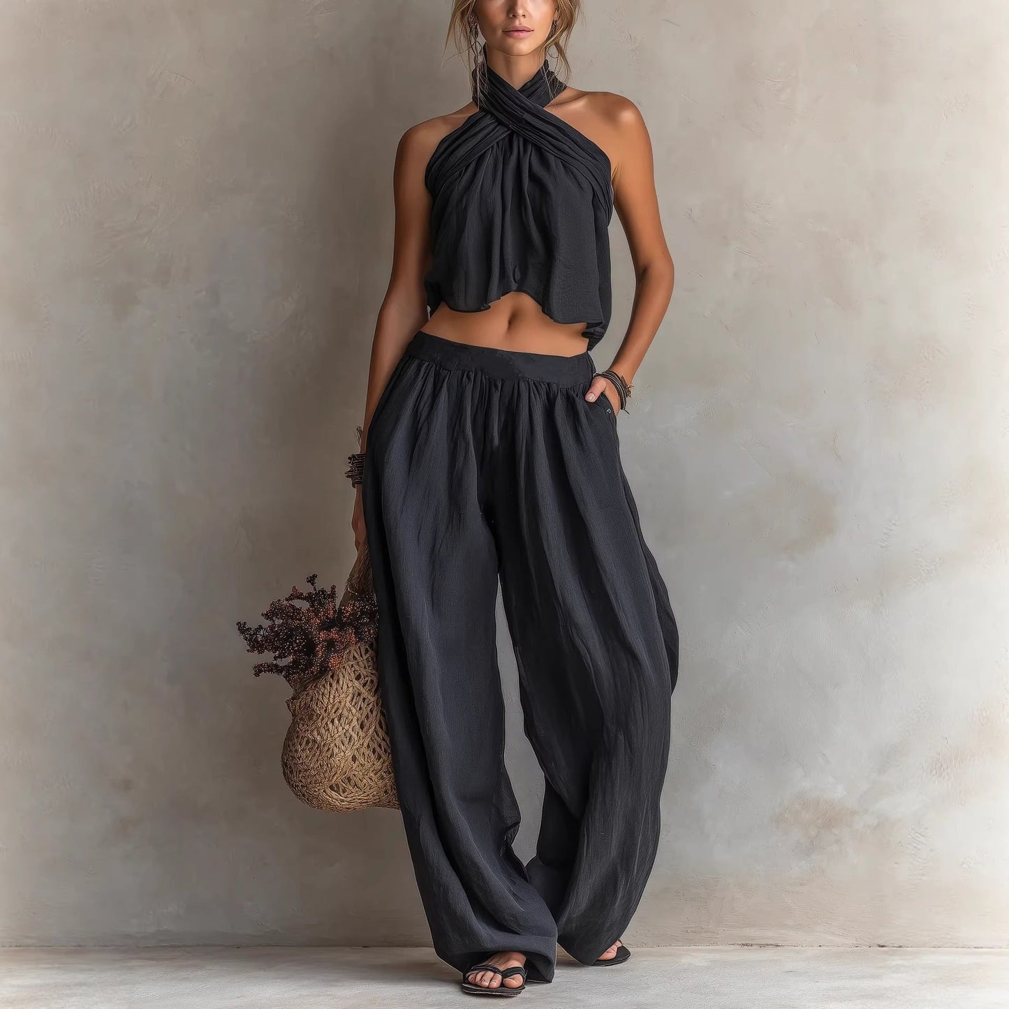 Women's Loose Sleeveless Top & Wide-Leg Pants Set – Linen Blend FitiqueFit