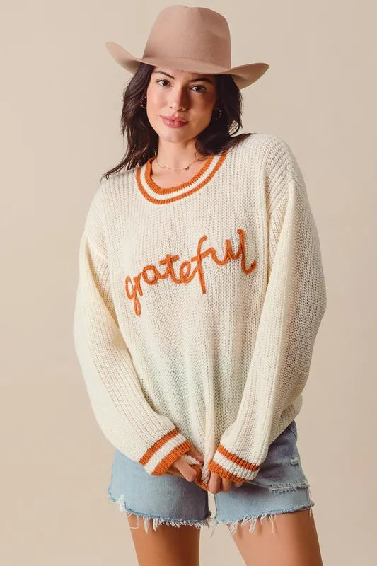 SO ME Thanksgiving Grateful Lettering Stitch Sweater West2East Surf