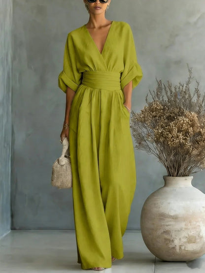 Women's V-Neck Wide-Leg Jumpsuit – High Waist Pleated Elegant 11 Colors S–5XL FitiqueFit