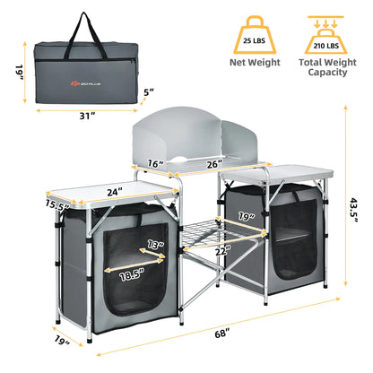 Ultimate Folding Portable Aluminum Camping Grill Table with Storage Organizer and Windscreen in Grey