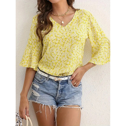 Womens Summer Floral Print Blouses V-Neck Flare Sleeve Tops FitiqueFit