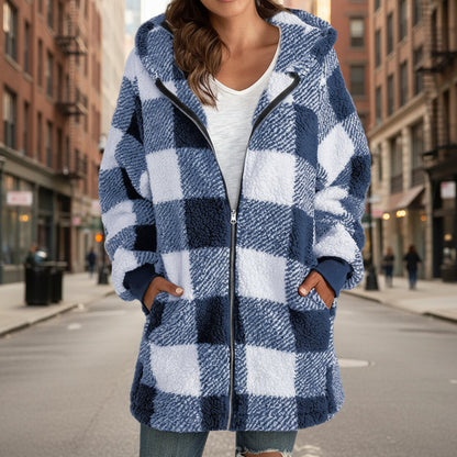 Plaid Hooded Zip-Up Oversized Jacket — Women’s Winter Commute Coat FitiqueFit