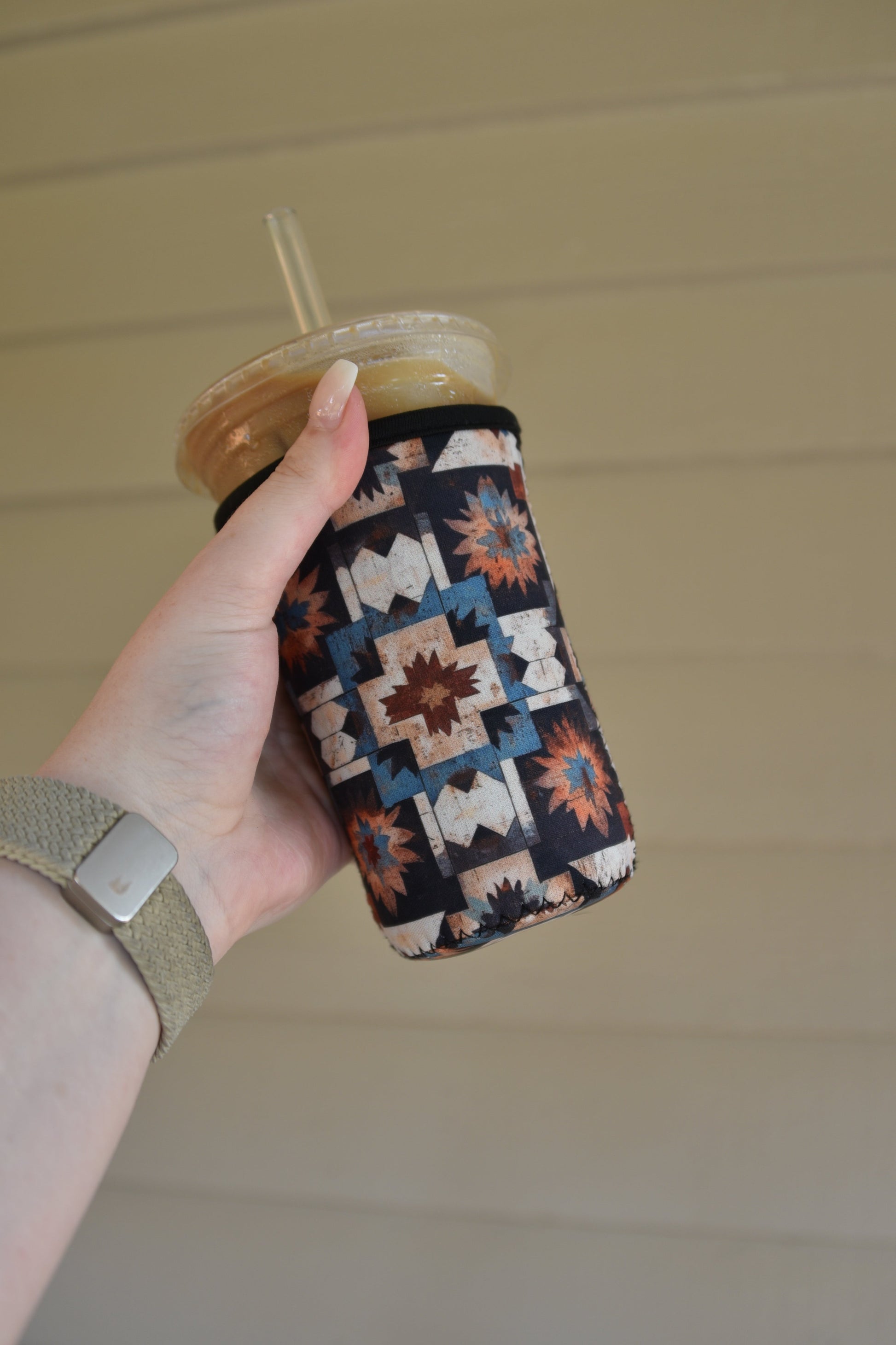 Southwestern Quilt Aztec Coffee Sleeve | Reusable Neoprene Iced Coffee Cup Cover (16–24oz) BashDesignsCo