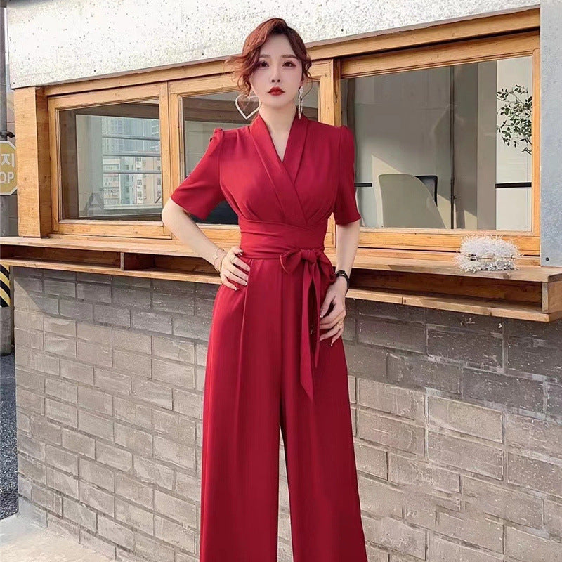 Elegant Temperament Pure Color High Waist Slimming Lace-up Wide Leg Jumpsuit Grayceful LLC
