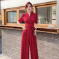 Elegant Temperament Pure Color High Waist Slimming Lace-up Wide Leg Jumpsuit Grayceful LLC