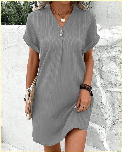 Button-Front V-Neck Dress – Short Sleeve Solid Casual Shirt Dress FitiqueFit