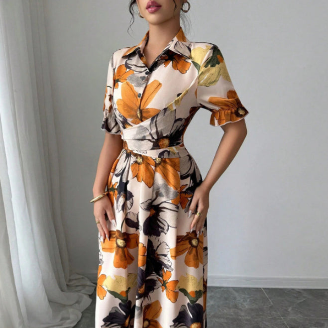 Women’s Printed Puff Sleeve Dress – Blouse Collar Cross-Tie Waist Style FitiqueFit