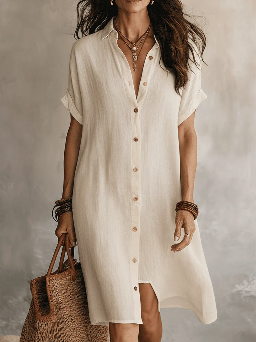 Women's Buttoned Midi Shirt Dress – Short Sleeve Cotton Linen FitiqueFit