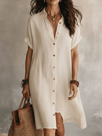 Women's Buttoned Midi Shirt Dress – Short Sleeve Cotton Linen FitiqueFit