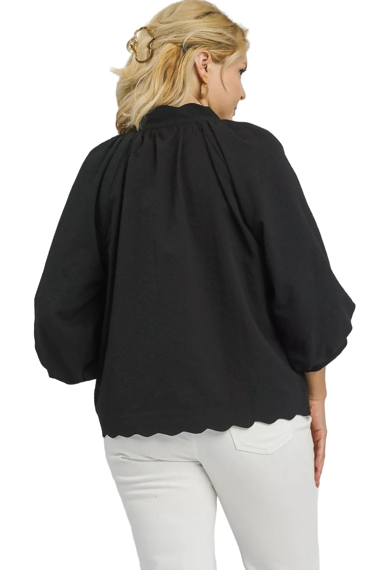 Umgee Full Size Textured Notched Balloon Sleeve Blouse Plus Size Garden Naked Curves