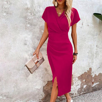 Split V-Neck Bodycon Dress – Slim Fit Short Sleeve Slit Dress FitiqueFit