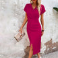 Split V-Neck Bodycon Dress – Slim Fit Short Sleeve Slit Dress FitiqueFit